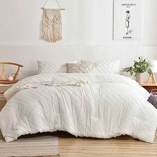 Nanko King Size Duvet Cover White, 3pc Boho Tufted Microfiber