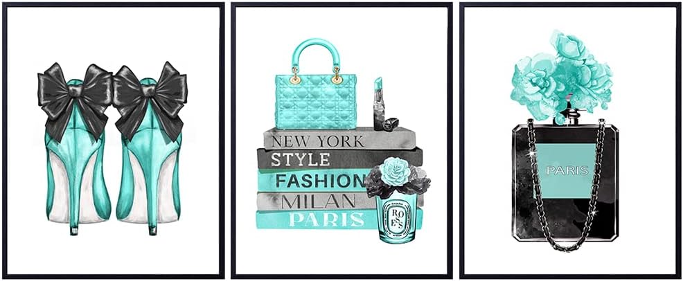 Glam Wall Decor - Designer Perfume, Shoes, Handbags - High Fashion Design Gift for Fashionista - Luxury Couture Wall Art Poster Picture Print Set for Women, Teens, Girls Bedroom