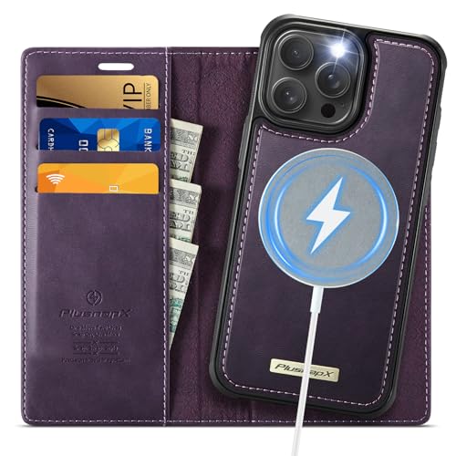 Image of Wallet Case for iPhone 13 Pro Compatible with Magsafe, 2-in-1 PU Leather Flip RFID Blocking Card Holder Stand Shockproof Magnetic Detachable Cover for iPhone 13 Pro Case 6.1 inch, Retro Purple