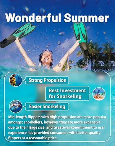 image for Greatever Snorkel Fins with Full Foot Pocket Durable Long Diving Fins 