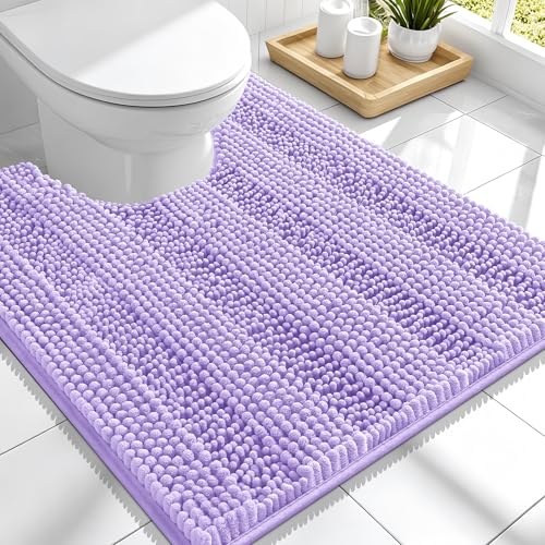 Image of Smiry Thick Chenille Toilet Rugs U-Shaped 24x20, Extra Soft Absorbent Striped Contour Bathroom Rugs, Machine Washable, Dry Quickly, Bath Mat, Lavender