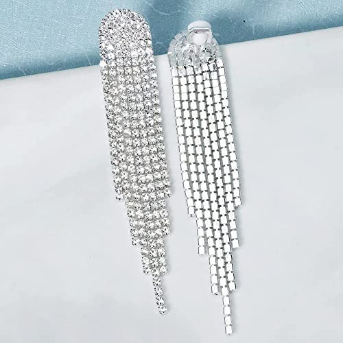 Mlouye Clip On Earrings Long Crystal Tassel Fringe For Wedding Women Girls Bridal Dangling Chain Dangle Drop Earring Silver Tone Clear #TOP3