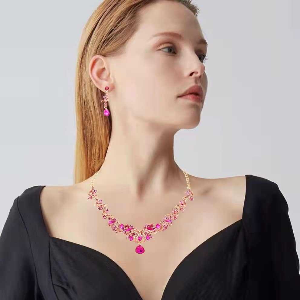 Jewelry Set for Women, Statement Necklace Dangle Earrings Bracelet Ring, White/KC Gold Plated Jewelry Set with Rhinestone Pearl Crystal Wedding Party Jewelry for Bridal Bridesmaid - Image 3