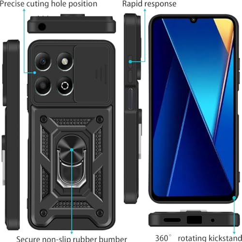 Honor X6B 2-in-1 Tempered Glass Case with Slide Camera Protection Cover Screen Protector Heavy Duty Military Grade Protective Cover phone holder Case, Black - Image 3