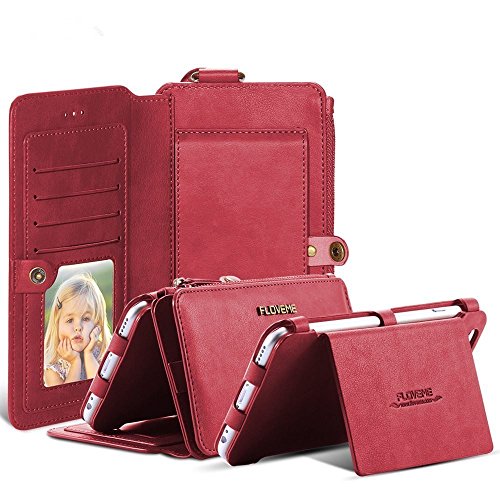 For iPhone 6 6s Case, FLOVEME Vintage 2 in 1 Zipper Magnetic Wallet Leather 18 Card Slots Handbag Full Protection Flip Pouch Kickstand Cover Holder for Apple iPhone 6 6s 4.7 inch - Red
