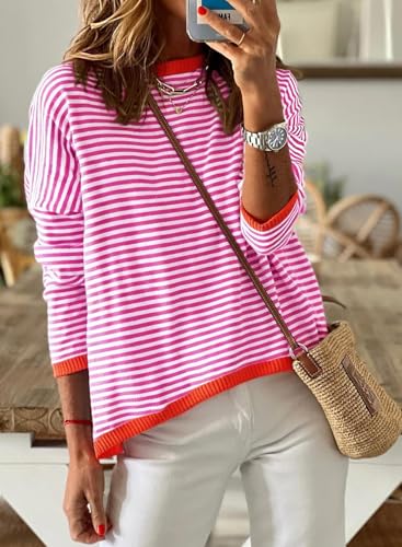 Image of Dokotoo Women's Long Sleeve Sweaters Casual Crewneck Fashion Fall Striped Color Block Shirts High Low Pullover Sweater Tops