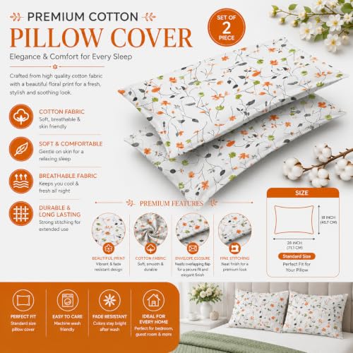 Image of IVAZA 240 TC Soft Ezyption Cotton Floral Print King Size Bedsheet - with 2 Pillow Covers, Hypoallergenic, Brethable, (Size- 90 x 90 Inch) White Orange