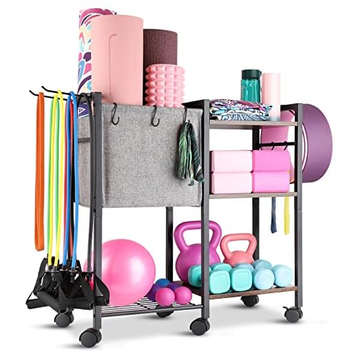 Yoga Mat Storage Rack Home Gym Equipment Storage Organizer Yoga Mat Holder for Yoga Mat Foam Roller Dumbbells Kettlebells Resistance Bands and More Gym Accessories Women Men Workout Equipment Organization with Hooks and Wheels (Black)