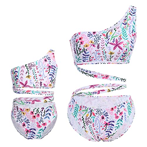 Mommy and Me Family Swimsuits One Piece Ruffle Leaves Printed Women Girls Monokini Bathing Suit QZ019 XL