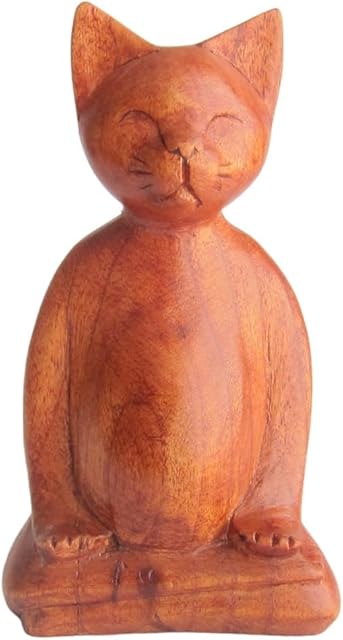 Brave Wings Hand Carved Wooden Animal ~ Meditating Cat ~ OOAK Ornament Sculpture Figurine Statue Unique Table Decoration Home Decor Gift for Christmas and Birthdays ~ 4127