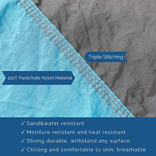 pys Beach Blanket - Oversized 10’x 9’ Sand Proof Compact Lightweight Portable Large Waterproof Parachute Nylon Beach Mat, Includes 4 Metal Stakes