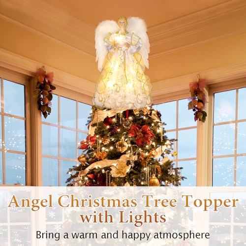 HMASYO Christmas Tree Topper Angel with Timer Lights, 12" Angel Tree Toppers with White Feather Wings, Star Light, Remote Control and USB Power Xmas Treetop Decor for Indoor Office Holiday Party by HMASYO - Image 2