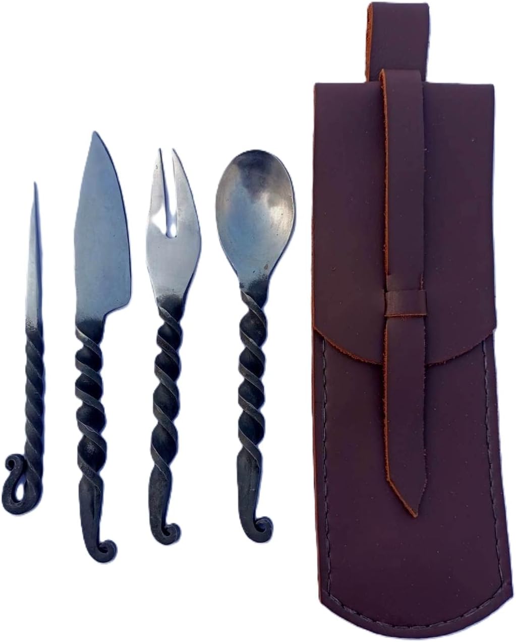 Hand Forged Twisted Medieval Eating Utensil Set Fork Knife Spoon And Food Stick Medieval Eating Set, With Genuine Leather Carrying Pouch - Set 4