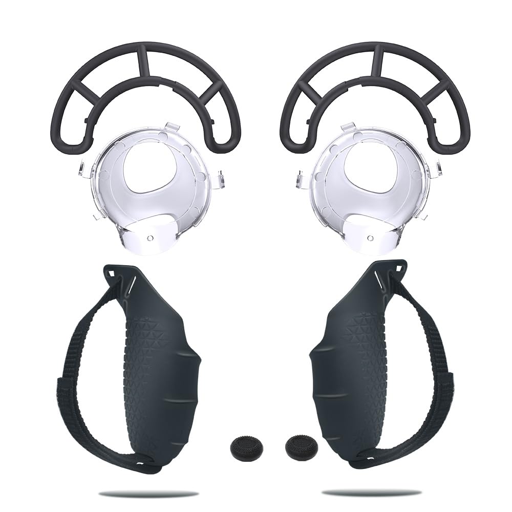 Per Meta Quest 3 - Custodia per impugnature del controller + anello paracolpi per impugnature + tappi per i pulsanti del pollice,Custodia protettiva in silicone con cinturino per le nocche (Nero)