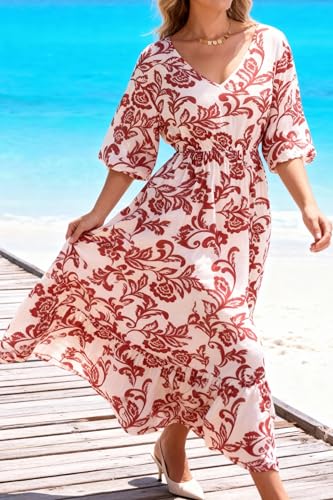 Image of Women's Summer Short Sleeve Maxi Floral Flowy Dresses with Pockets