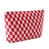 Gardsell Cosmetic Bags for Women - Corduroy Cosmetic Bag Aesthetic Women Handbags Purses Smile Dots Makeup Organizer Storage Makeup Bag Girls Case Bags (Q-Checkered Rose pink)