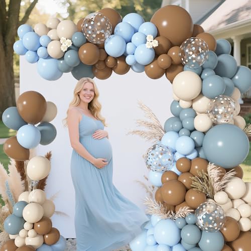 Image of Ouddy Life 142Pcs Dusty Blue and Brown Balloons Arch Kit Different Size | 18 12 10 5 inch Sand White Dusty Blue Brown Confetti Balloons for Boy Baby Shower Ted Bear Gender Reveal Birthday Party Decor