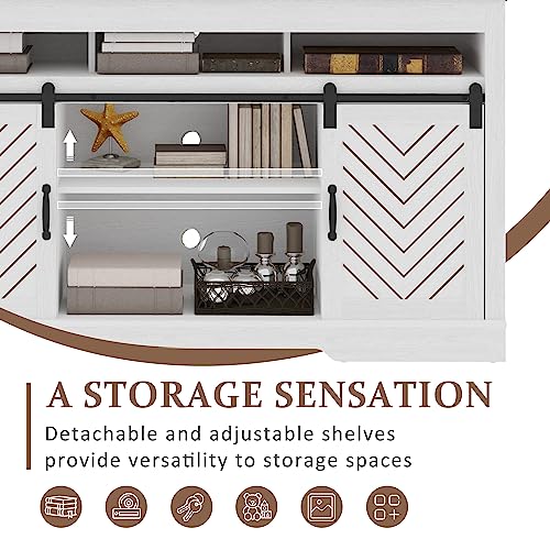 Image of RoyalCraft Farmhouse TV Stand with Sliding Barn Door for TVs up to 65+ Inch, 34 inch Tall Entertainment Center, Wood Media Console Storage Cabinet for Bedroom, Living Room, White and Rustic Oak