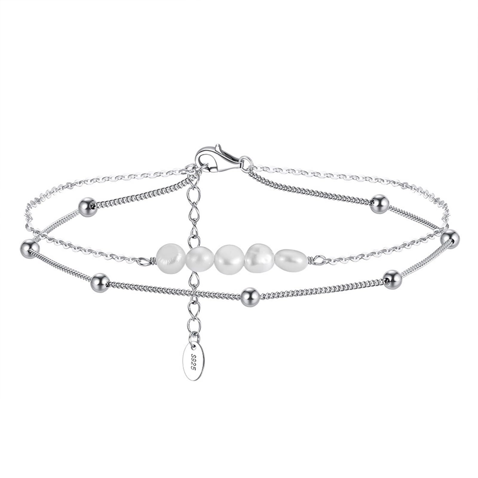 Tobilleras bohemias mujer, tobillera pie mujer, cadena 2 capas cuentas y perlas, plata ley