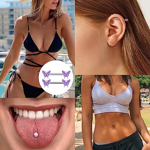 Fansilver 7 Pairs 14G Nipple Rings Surgical Steel Nipple Piercing CZ Heart Butterfly Barbell Tongue Rings Set Cute Nipple Tongue Piercing Jewelry for Women4