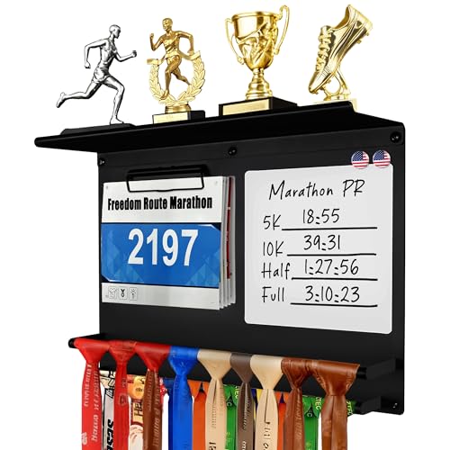 Image of Running Medal Hanger Display with Trophy Shelf, Race Bib Holder and Whiteboard, 2-Bar Medal Holder for 50+ Medals with Flag Magnets, Marker, Wall Mounted, Black