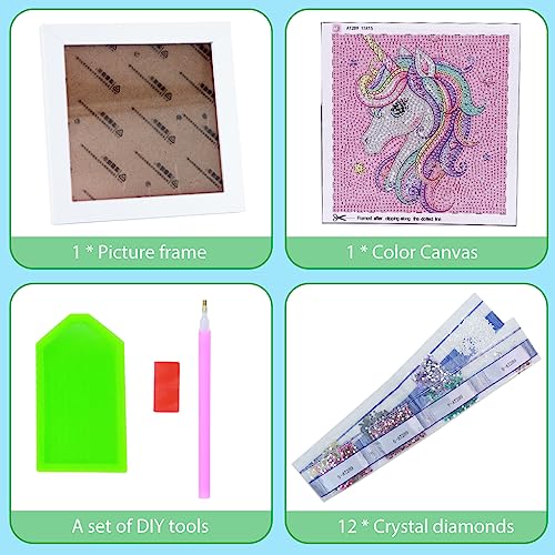 Image of PATPAT DIY 5D Diamond Art Kit for Kids - Unicorn Diamond Painting with Frame & Tool - Desk Decoration for Kids 5-12 Years Old