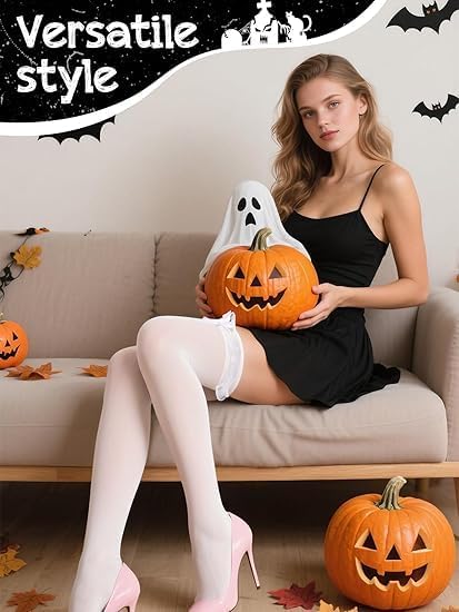 MJOGGOTT 4 Pairs Bow White Thigh High Stockings for Women, Thigh High Stockings, Over Knee Long Stocks with Bow for Girls Daily Wear School Dating Dance