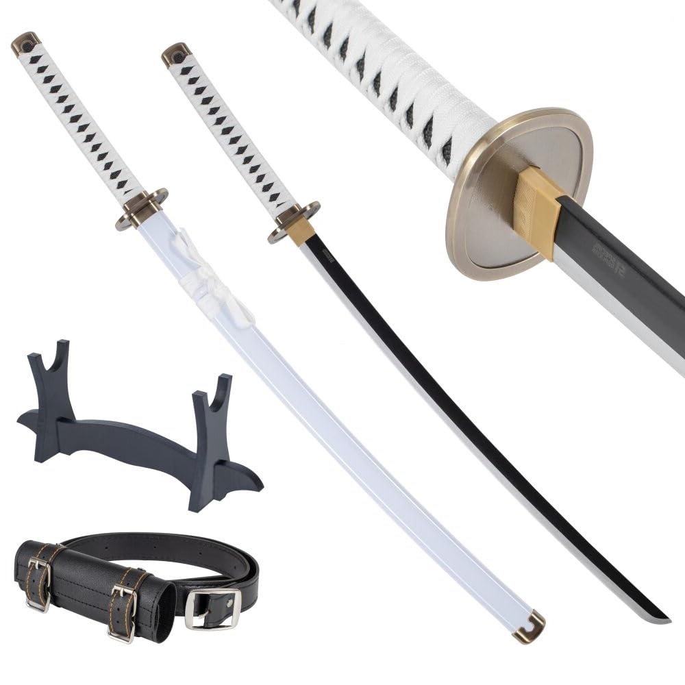 57 SPECIAL REPLICAS Zoro Katana Schwert Holz 77 cm mit Gürtel, Ständer & Scheide - Cosplay Anime Schwerter für Kostüme und LARP - Wakizashi Kurzschwert - Holzschwert aus Bambusholz (Nicht Scharf)