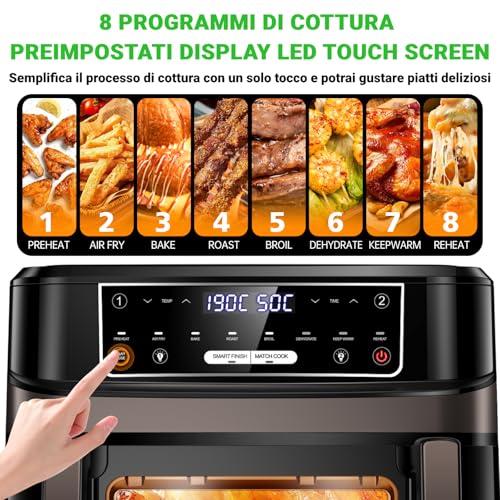 Friggitrice ad Aria Calda 2 Camere | Friggitrice ad Aria da 12L Camera Doppia Camera Singola Regolabile, 2600W Friggitrice ad Aria Calda 8 in 1 con Doppia Camera Controllo Separato Della Temperatura - immagine 6