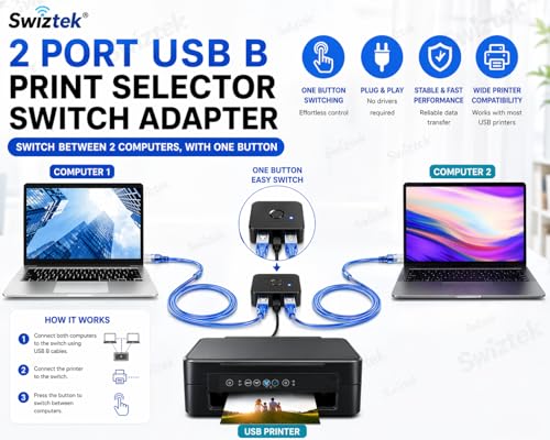 Image of Swiztek USB 2.0 Switch 2-Port USB Sharing Hub for PC | Share keyboard, mouse, printer and USB devices between two computers. Plug & play with manual switch button.