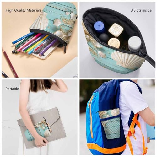 Image of Swono Seashells Pencil Holder Beach Ocean Starfish Wooden Nautical Border Stand Up Pencil Case Organizer Cosmetics Pouch For Women Men Turquoise