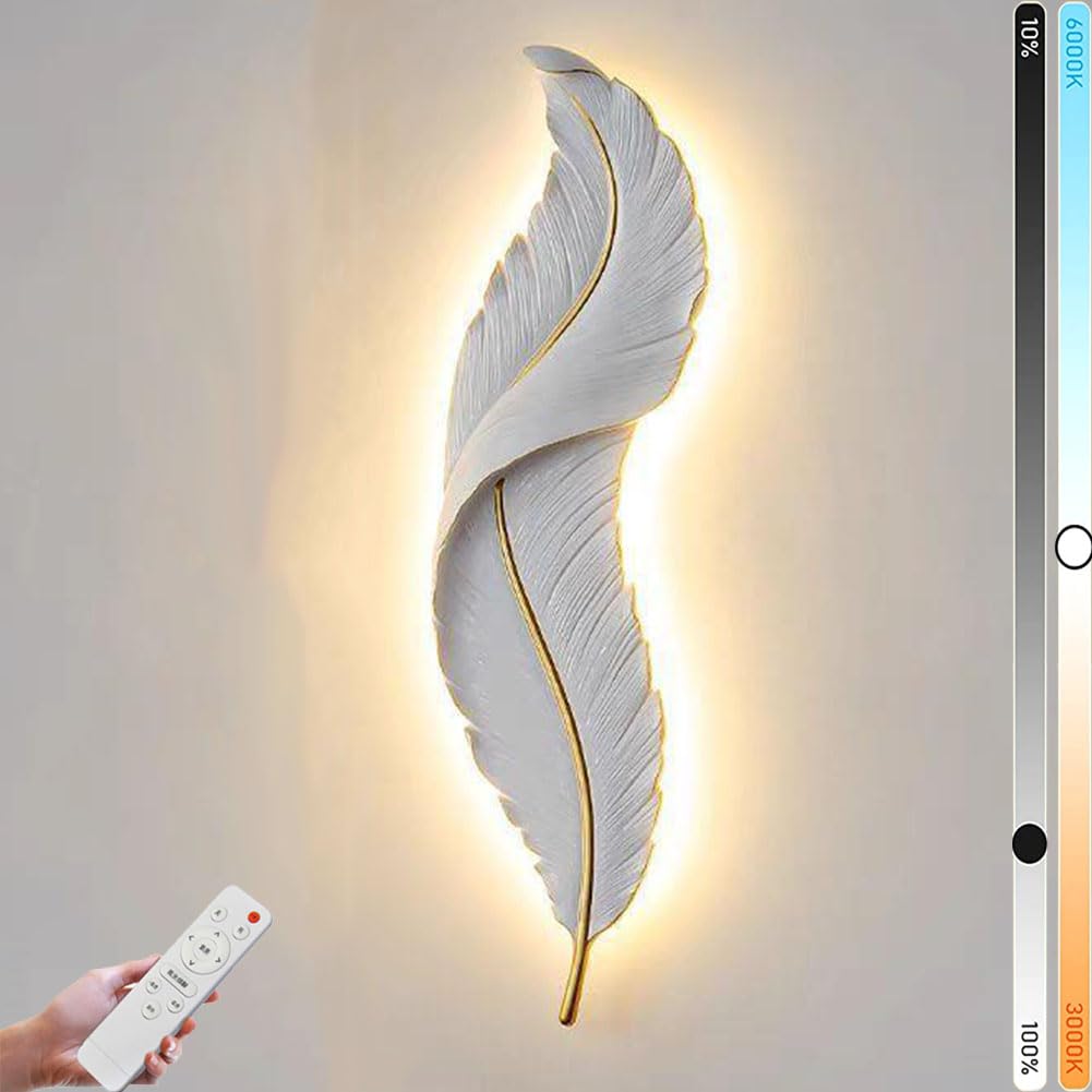 LOGT LED Feather Wall Light with Remote Control 3000K-6000K Dimmable Wall Lamp Resin Material White Feather Lights 3 Brightness Levels Wall Lighting for Living Room Bedroom Modern Home Decoration,45CM