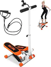 Simulador de Caminhada, Mini Stepper Adequado para Senhoras, com Guidão e Suporte Celular, de Escada Faixas Resistência, Altura Ajustável Capacidade 150 Kg, Fitness Monitor LCD, Laranja