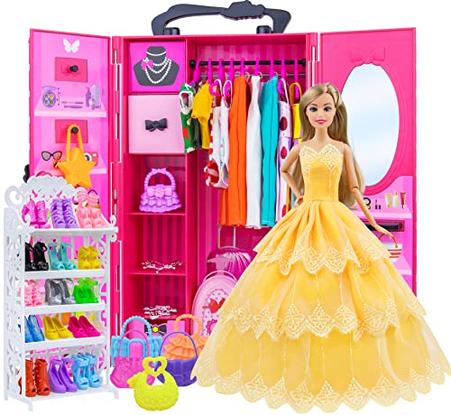 ZITA ELEMENT 11.5 Inch Girl Doll Closet Wardrobe Set 102 Pcs Clothes and Accessories Including Wardrobe Shoes Rack Suitcase Clothes Dresses Swimsuits Shoes Hangers Necklace Bags and Other Accessories