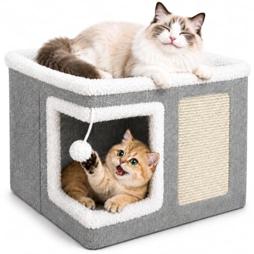 Cat Beds for Indoor Cats – Cat House Cave with Fluffy Ball and Scratch Pad, Foldable Cat Condo Hideaway with Reversible Cushion for Multi Small Large Pet, Light Grey
