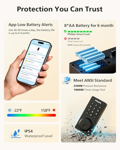 Philips Smart Lock, Smart Door Lock Built-in WiFi, App Remote Control, Keyless Entry Door Lock for Front Door, Deadbolt Lock Auto Lock, Support Alexa & Google, IP54 Waterproof, Black - image 8