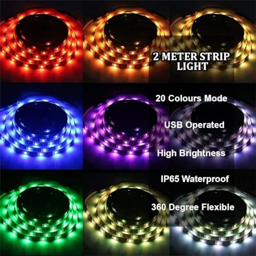 Image of fizzytech USB Powered 5V RGB LED Strip Light 2M with Controller, Multi Color Ambient Backlight for 32 to 43 Inch TV, PC and Laptop