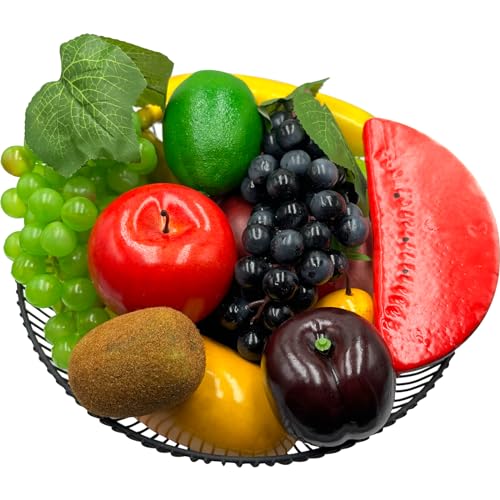 Wavefind 17PCS Fake Fruits Artificial Apples Snake Fruit Peaches Bananas Pears Lemons Grapes Pomegranates Mangoes Yangtao Plum Kiwifruit Strawberries Watermelon Slices Faux Home Party Decoration