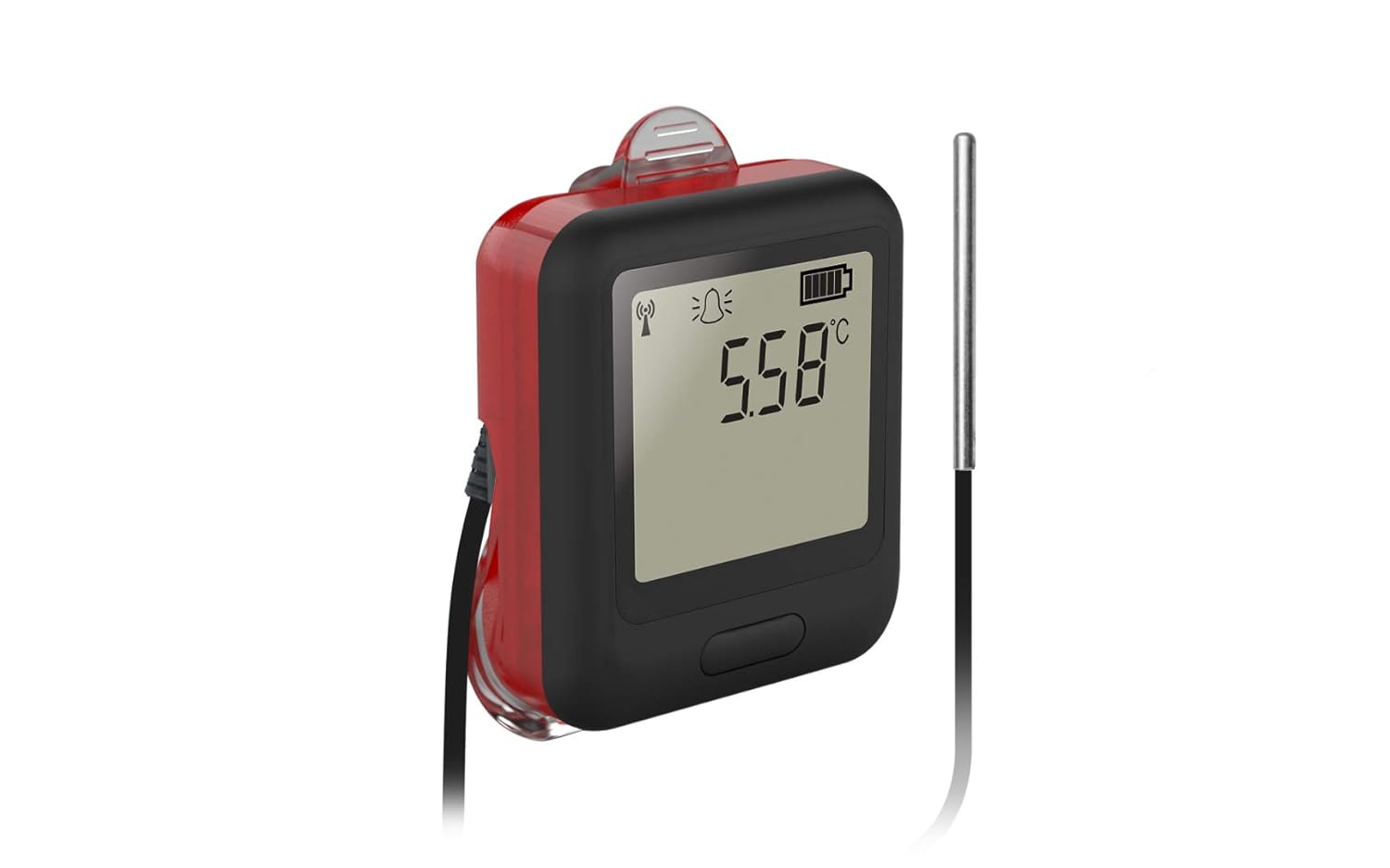 앞쪽 view of the Lascar EL-WiFi-TPX+ data logger displaying a temperature reading of 5.58°C on its digital screen, indicating active temperature monitoring.