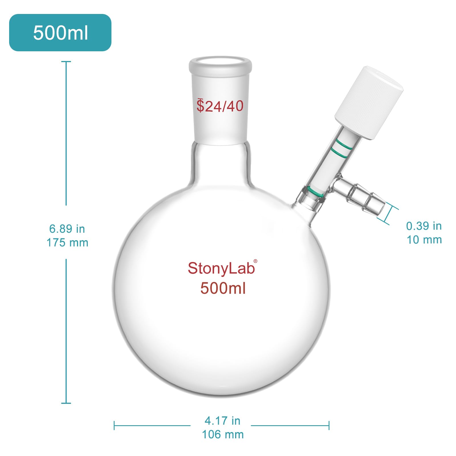 stonylab Vidrio Matraz de Schlenk, 24/40 Junta Reacción Libre de Aire Frasco de Schlenk de Fondo Redondo y Pared Gruesa, Round Bottom Schlenk Flask con Conexión para Manguera de 10 mm, 500ml