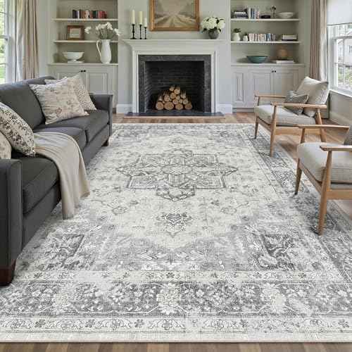 PureCozy Grau Vintage Teppich Wohnzimmer 240x300cm Waschbar | Waschbarer Teppich, Weich Rutschfest, Kurzflor im Retro, für wohnzimmerteppich Schlafzimmer Esszimmer, Groß Teppich
