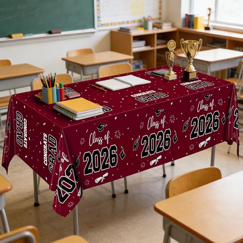 Image of QZYL 4 Pack Graduation Table Decorations 2026, 54 inch x 108 inch Maroon Graduation Table Cloths, Disposable Grad Party Decorations for Class of 2026 Congrats Grad, Rectangle Plastic Tablecover for College