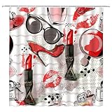 WANVYON Fashion Makeup Shower Curtain Modern Lipstick Woman Perfume High Heels Lips Romantic Cosmetic Polyester Bathroom Curtain with Hooks
