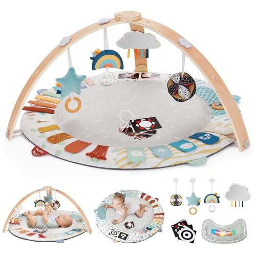 Blissful Diary Baby Play Gym & Mat, 5 Developmental Zones Baby Activity Mat, Wooden Tummy Time Mat with 6 Detachable Sensory Toys for Motor Skills & Sensory Development, Baby Essentials Shower Gift