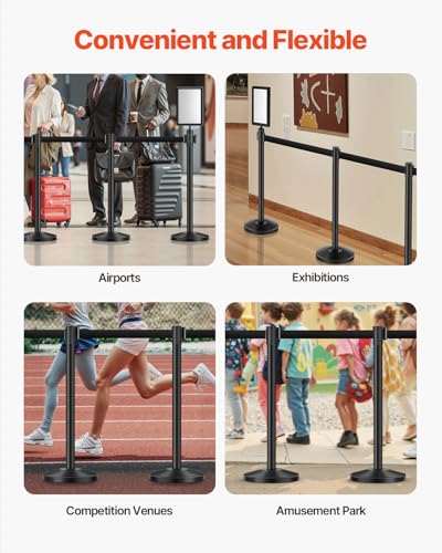 VEVOR Absperrpfosten Absperrung (8 Stk.) zur Steuerung von Menschenmengen mit 8 einziehbaren Gurten & 2 Schilderhaltern, Absperrständer aus Karbonstahl mit nachfüllbarem Sockel für Ausstellungen