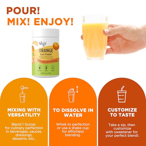 Vegs Orange Fruit Juice Powder - Freeze Dried & 100% Natural Orange Juice Concentrate - Flavoring Powder for Drinks, Smoothies & Baking - Sugar-Free, No Preservatives, Non-Gmo - 6 oz