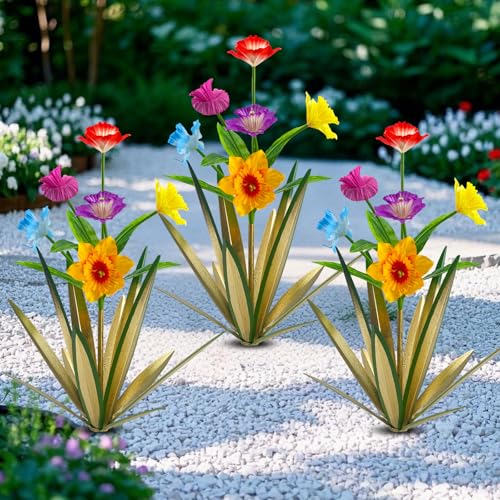 Image of Homight Metal Agave Plant Outdoor Decoration Outdoor Garden Decoration Daffodils Flowers Mexican Yard Art Daffodils Flowers Decorative Garden Gift (3 Big Colorful Daffodil)