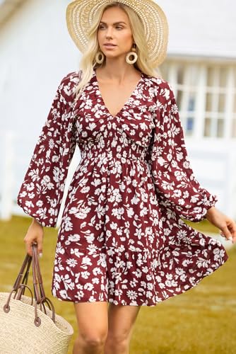 Image of Dokotoo Womens Dresses Boho Floral V Neck Long Sleeve Smocked Elastic Waist Casual A-Line Mini Dress Sundress