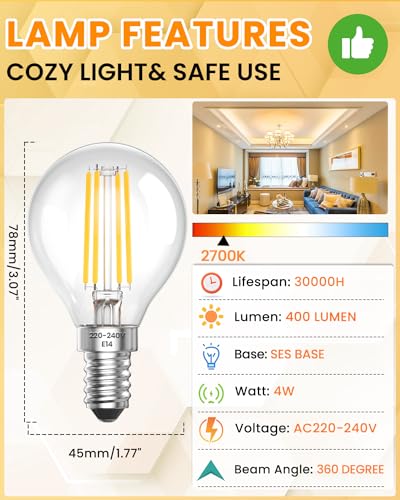 BrightArk 4W E14 LED Filament Golf Ball Bulb,40W Small Edison Screw Light Blub Equivalent, Warm White SES Mini Globe Blub for Chandelier Light, Ceiling Fans, Wall Sconces,AC200-240V - Image 5