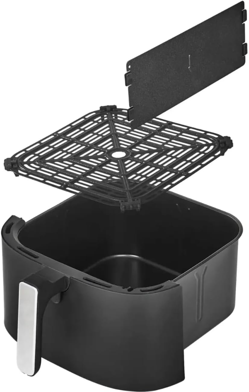 Components of the Bella PRO Air Fryer basket, including the main basket, crisping tray, and divider